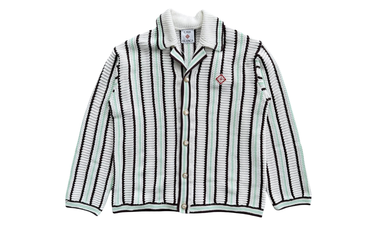 Striped Crochet Shirt "White / Burgundy / Green" M AW25 KW 836 02 EX CE