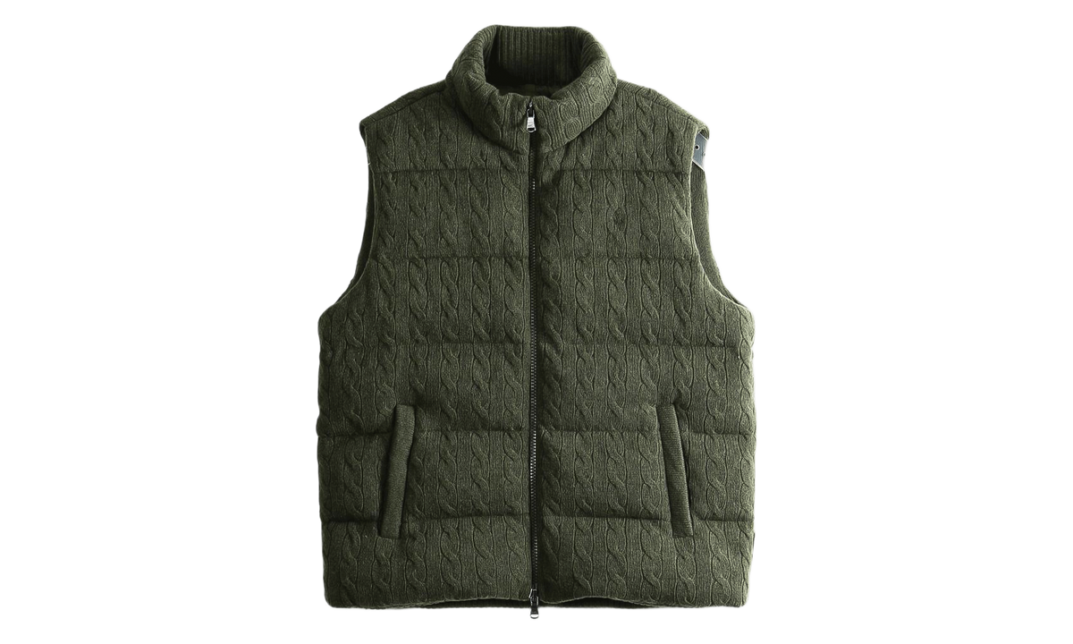 Quilted Cable Knit Full-Zip Mockneck Vest "Olive Shrub Heather" 710B26797001