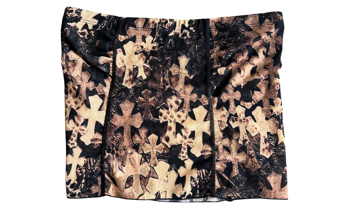 All-Over Cross Print Mesh Tube Top "Brown" CHRM1993