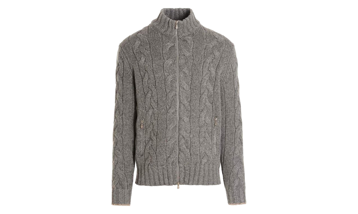Wool Cable Knit Zip Sweater "Light Grey" BRUN2879