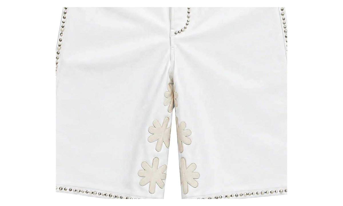 Embellished Sun Logo Leather Shorts "White/Bone" S6E7S9JG