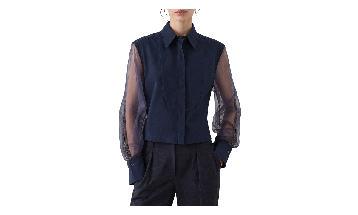 Sheer Sleeve Cotton Blend Shirt WMNS "Night" BRUN2762