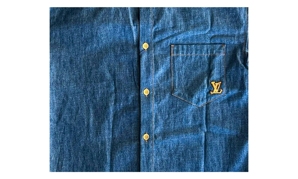 Short-Sleeved Cotton Chambray Shirt "Blue & Gold" 1AFXLJ