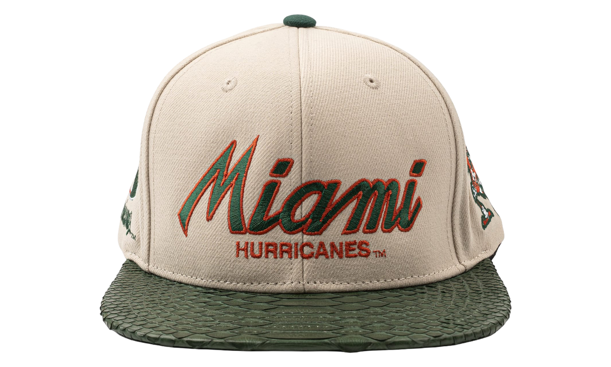 Mitchell & Ness Miami Hurricanes Python Snapback Hat "Beige / Green / Orange / White" JDXMNMHPSHBGO