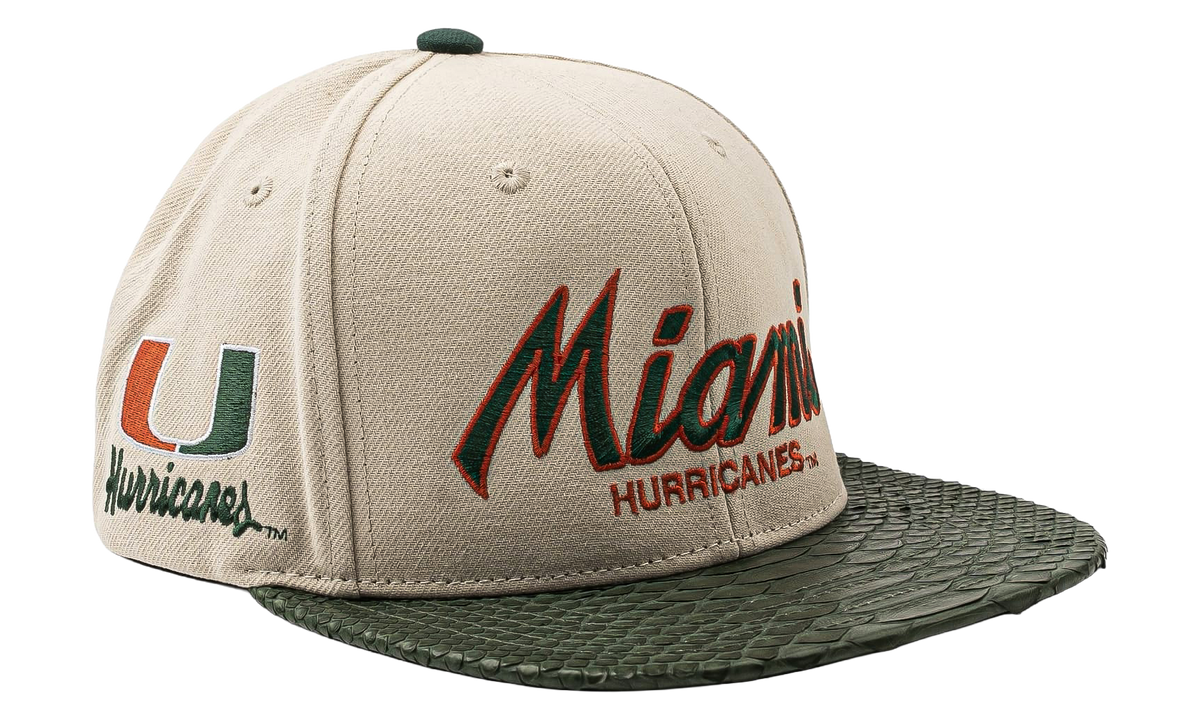 Mitchell & Ness Miami Hurricanes Python Snapback Hat "Beige / Green / Orange / White" JDXMNMHPSHBGO