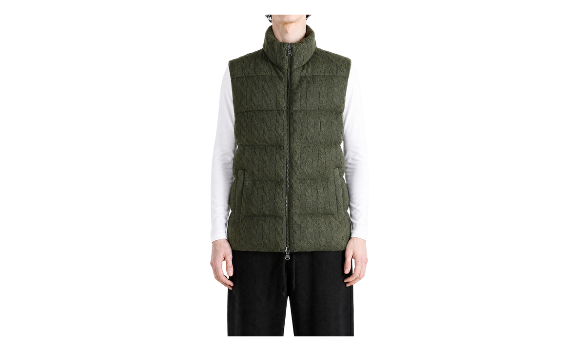 Quilted Cable Knit Full-Zip Mockneck Vest "Olive Shrub Heather" 710B26797001