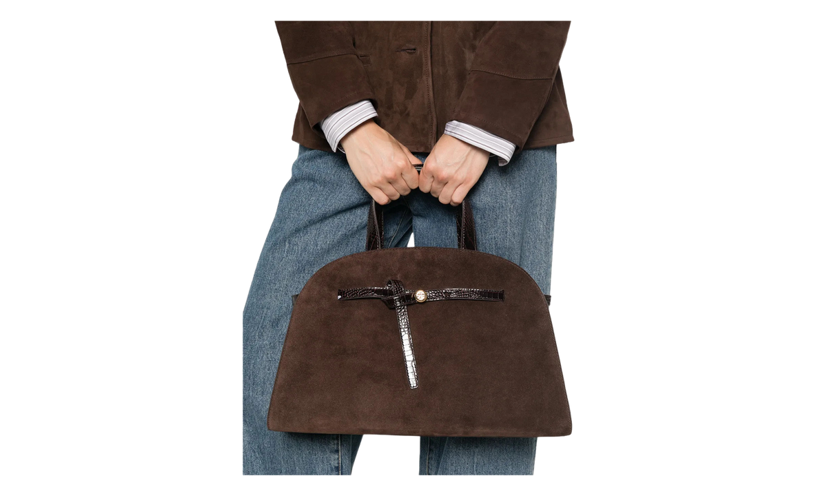 Romy Suede Bauletto Bag "Dark Cocoa" 183363 201